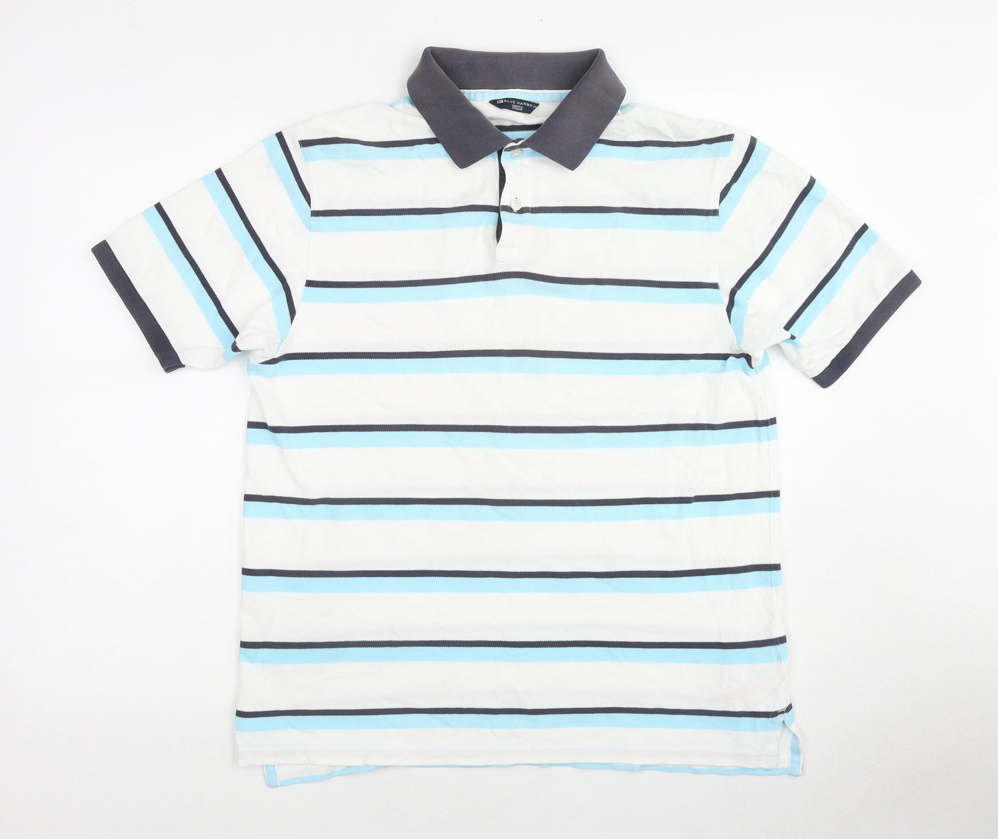 Marks and Spencer Mens White Striped Cotton Polo Size M Collared Pullover