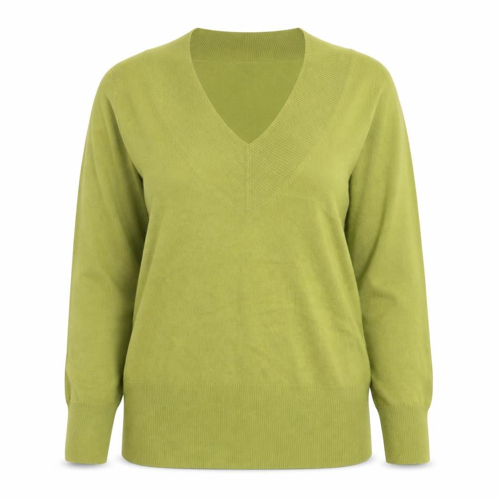 Front view of Conington women’s green v-neck acrylic jumper, size M