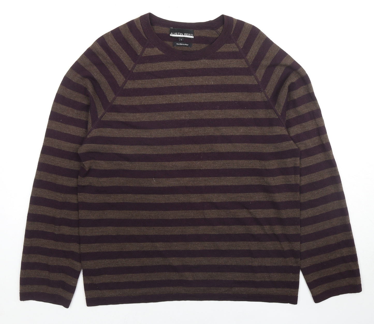 Austin Reed Mens Purple Round Neck Striped Wool Pullover Jumper Size L Long Sleeve