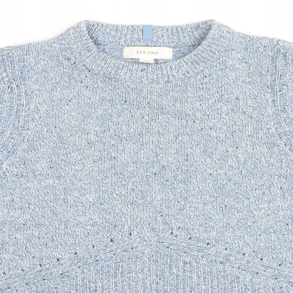 Per Una Womens Blue Crew Neck Cotton Pullover Jumper Size M - Button Detail