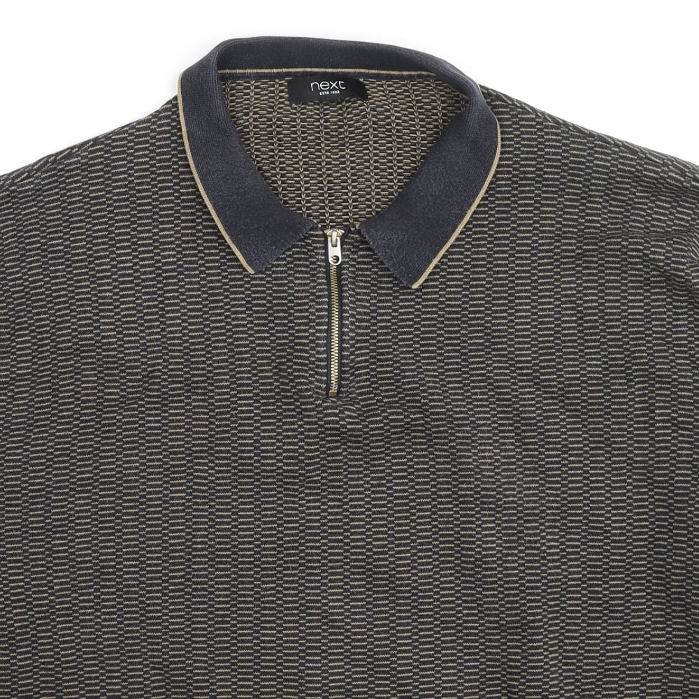NEXT Mens Black Collared Geometric Cotton Pullover Jumper Size 2XL Long Sleeve