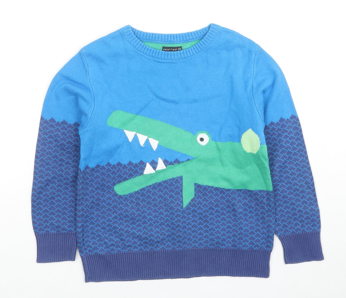 NEXT Boys Blue Round Neck Geometric Cotton Pullover Jumper Size 4-5 Years Pullover - Crocodile
