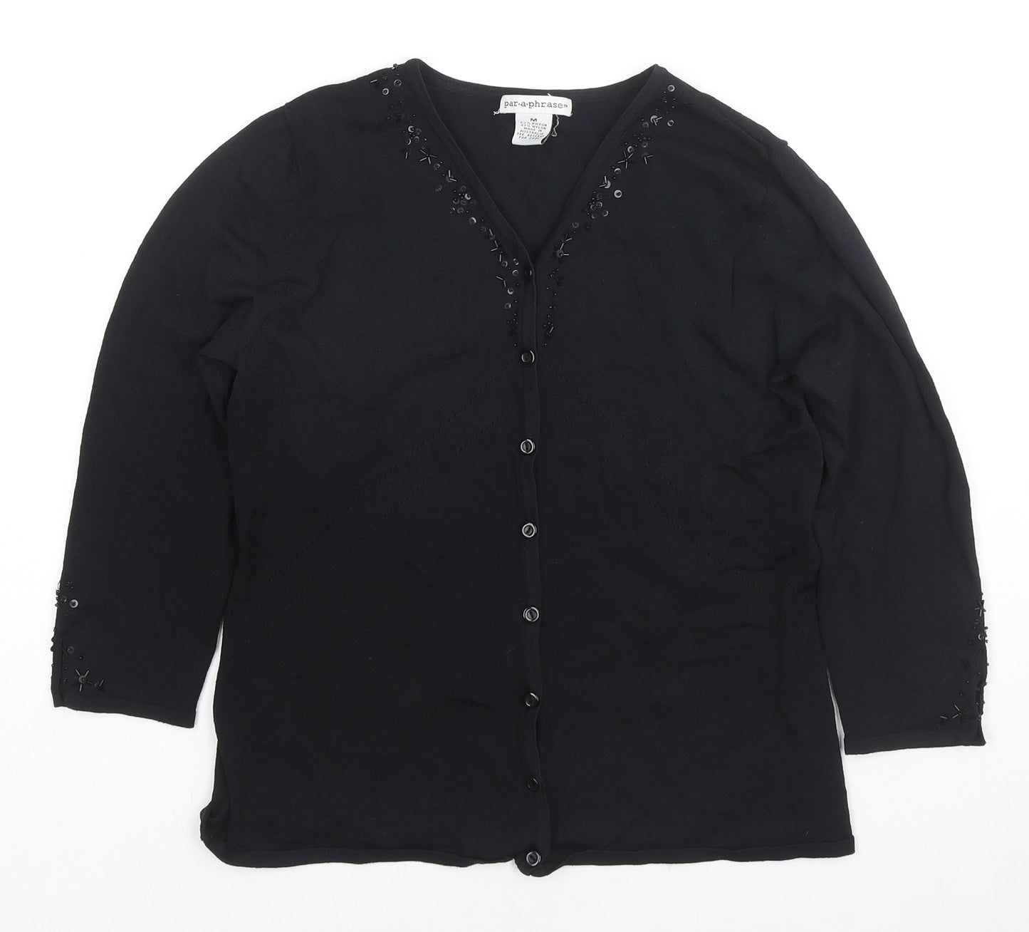 Paraphrase Womens Black V-Neck Rayon Cardigan Jumper Size M - Sequin Detail