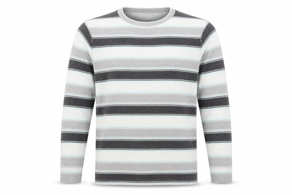 Front view of Next men’s multicoloured round neck striped cotton jumper, size S, long sleeve