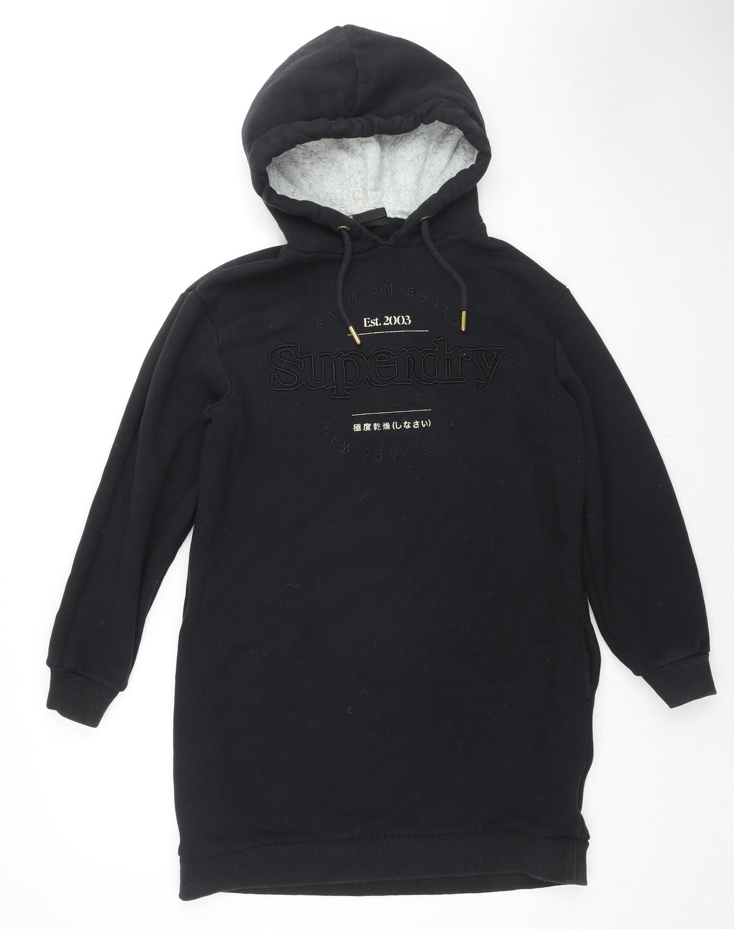 Superdry Womens Black Cotton Jumper Dress Size 10 Round Neck Pullover - Pockets Hooded