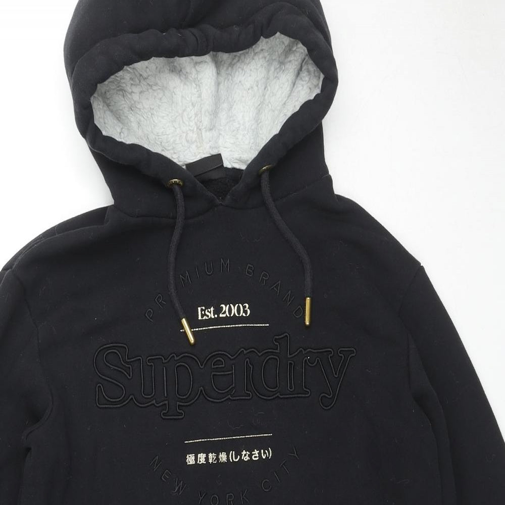 Superdry Womens Black Cotton Jumper Dress Size 10 Round Neck Pullover - Pockets Hooded