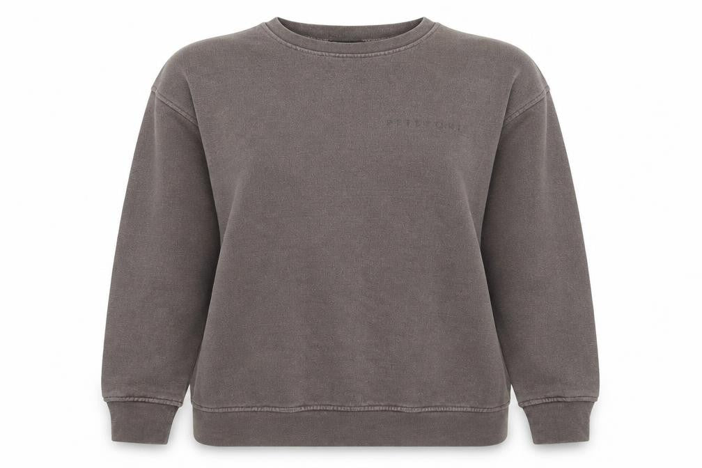 Front view of PRETTYLITTLETHING women’s brown cotton pullover sweatshirt, size M, pullover - logo, unisex