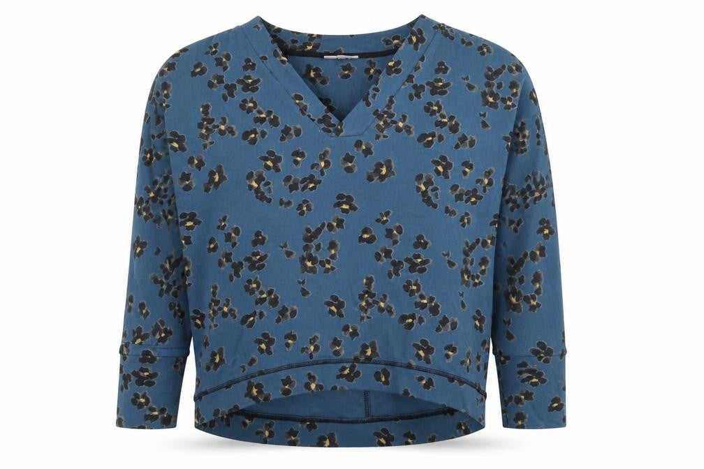 Front view of Thought women’s blue animal print cotton pullover sweatshirt, size UK 12, pullover - leopard print