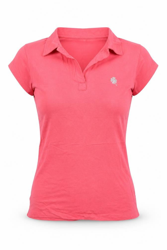 Front view of INSIDE women’s pink 100% cotton basic t-shirt, size L, collared