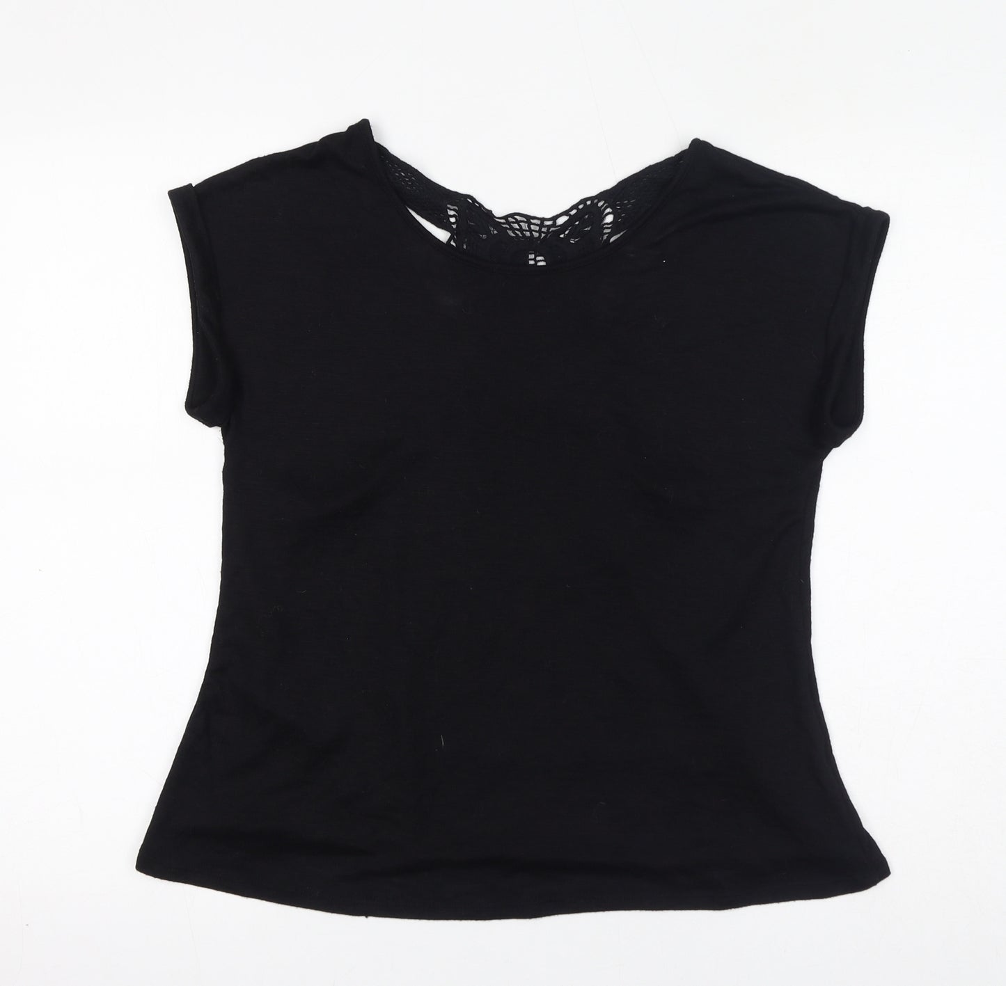 New Look Womens Black Polyester Basic T-Shirt Size 10 Round Neck - Sheer, Open Back
