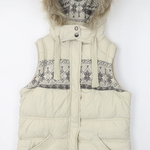 New Look Womens Beige Gilet Jacket Size 10 Zip - Faux Fur Hood, Puffer Jacket