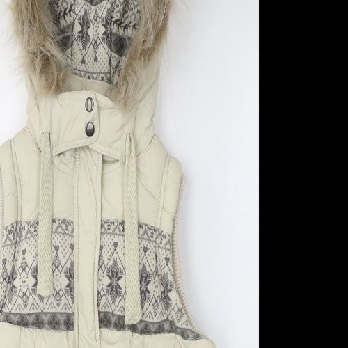 New Look Womens Beige Gilet Jacket Size 10 Zip - Faux Fur Hood, Puffer Jacket
