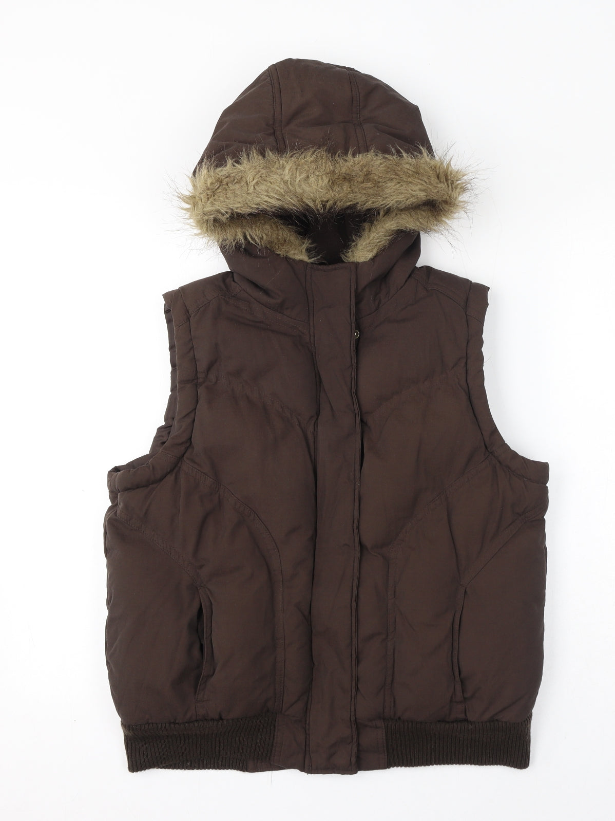Dorothy Perkins Womens Brown Gilet Coat Size 14 Zip - Faux Fur Hood, Puffer Jacket