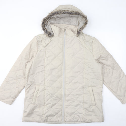 Anne De Lancay Womens Ivory Quilted Coat Size L Zip - Faux Fur Hood