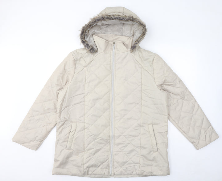 Anne De Lancay Womens Ivory Quilted Coat Size L Zip - Faux Fur Hood