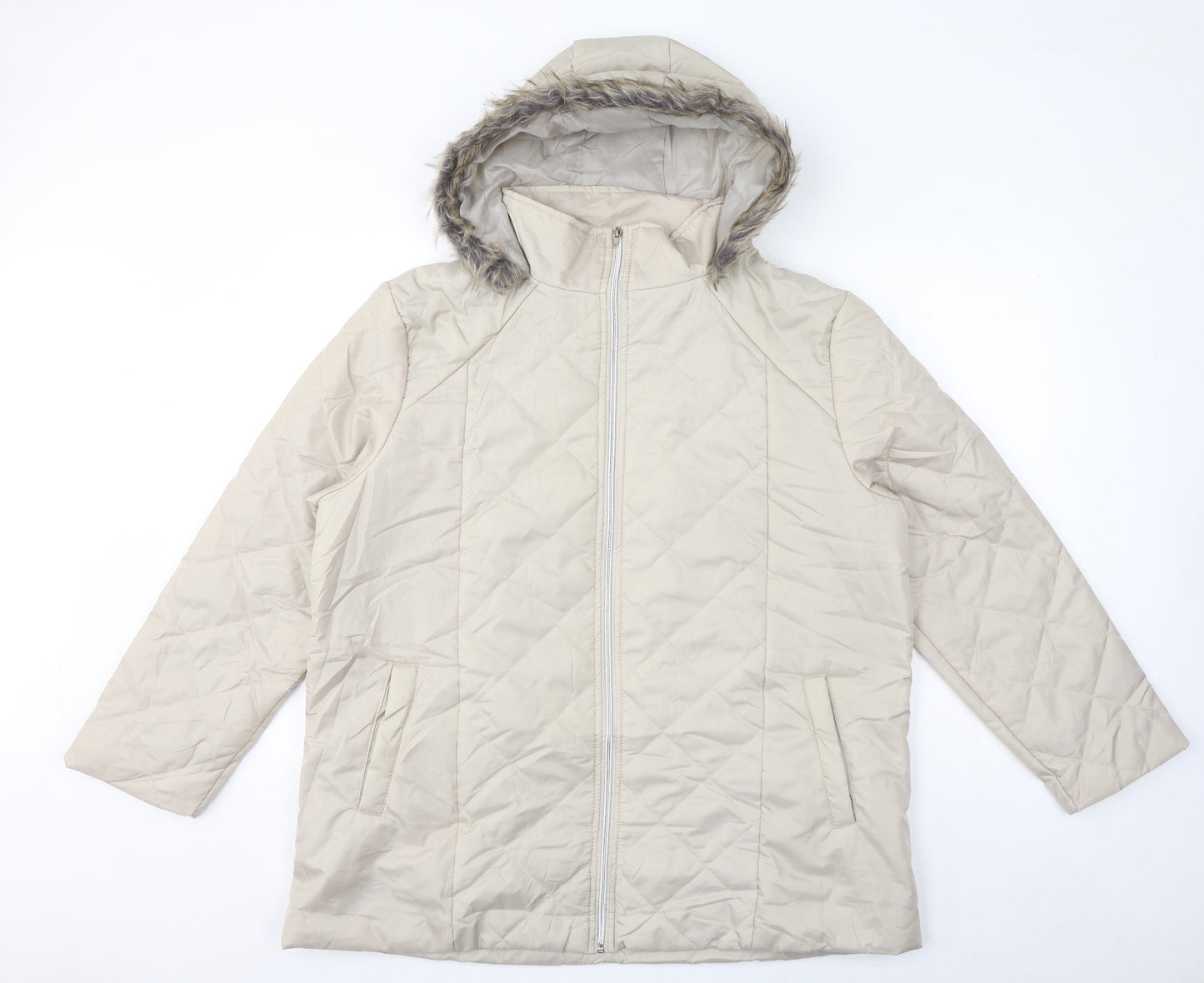 Anne De Lancay Womens Ivory Quilted Coat Size L Zip - Faux Fur Hood