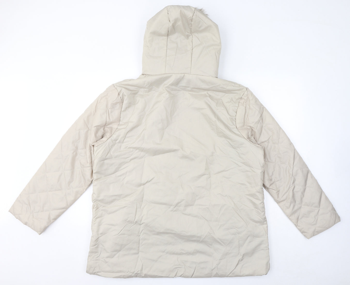 Anne De Lancay Womens Ivory Quilted Coat Size L Zip - Faux Fur Hood