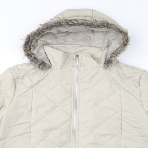 Anne De Lancay Womens Ivory Quilted Coat Size L Zip - Faux Fur Hood