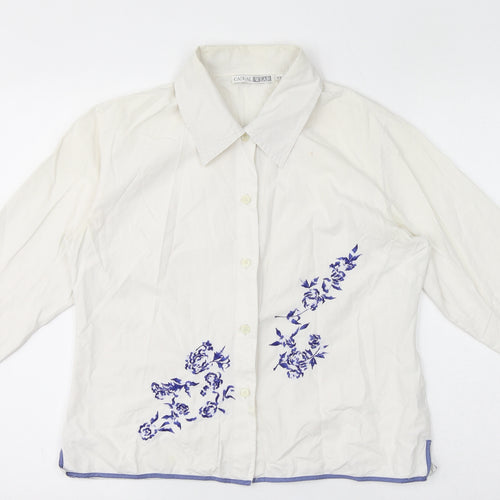 Casual Wear Womens White 100% Cotton Basic Button-Up Size 12 Collared - Embroidery