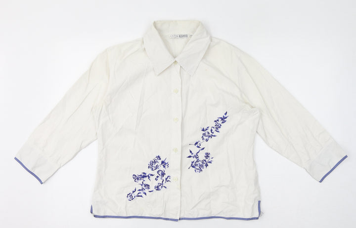 Casual Wear Womens White 100% Cotton Basic Button-Up Size 12 Collared - Embroidery