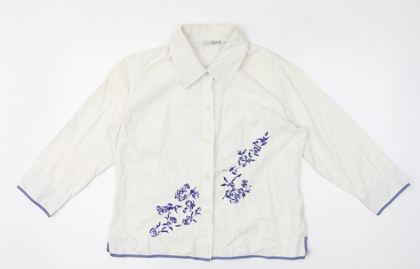Casual Wear Womens White 100% Cotton Basic Button-Up Size 12 Collared - Embroidery
