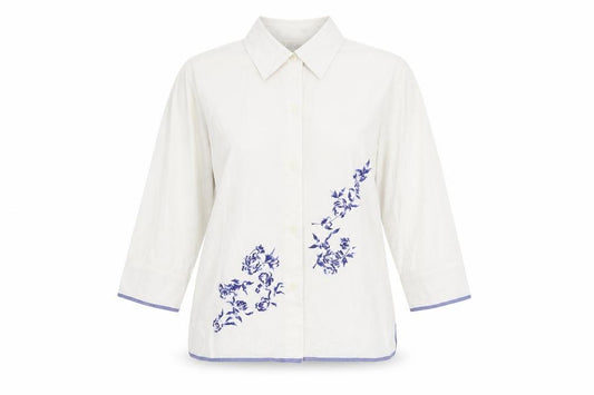 Front view of Casual Wear women’s white 100% cotton basic button-up, size UK 12, collared - embroidery