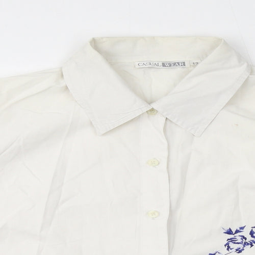 Casual Wear Womens White 100% Cotton Basic Button-Up Size 12 Collared - Embroidery