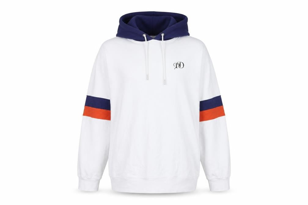 Front view of Pineapple Dot women’s white polyester pullover hoodie, size XL, pullover
