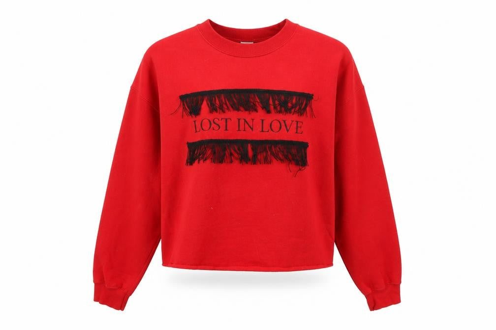 Front view of River Island women’s red crew neck polyester jumper, size M, - lost in love, fringe