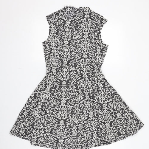 Oasis Womens Grey Geometric Polyester A-Line Size S Mock Neck Zip