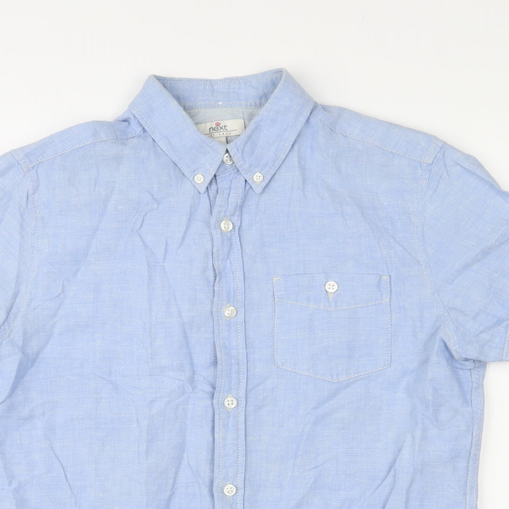 NEXT Mens Blue Linen Button-Up Size M Collared Button