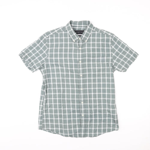 Red Herring Mens Green Check Cotton Button-Up Size M Round Neck Button