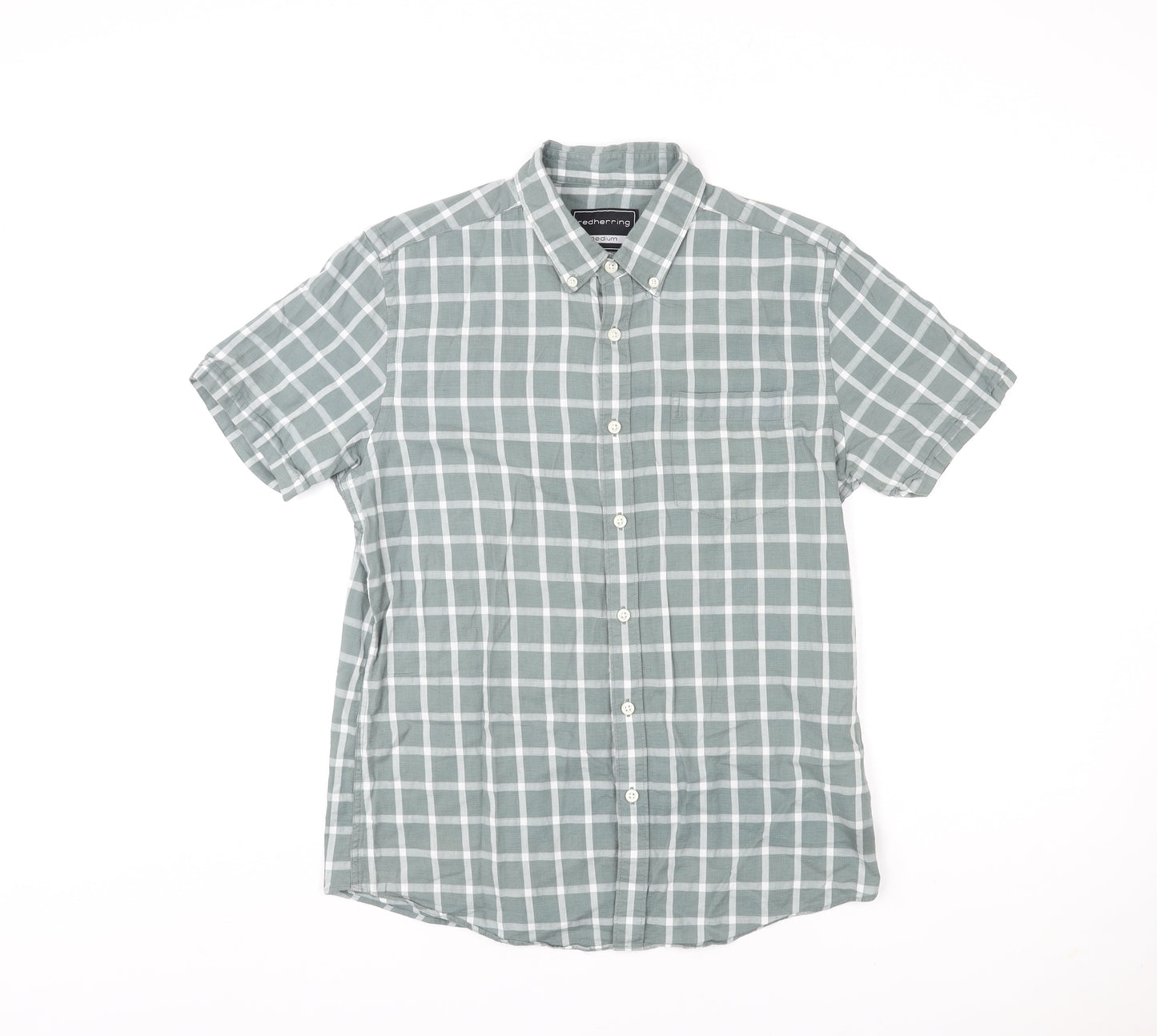 Red Herring Mens Green Check Cotton Button-Up Size M Round Neck Button