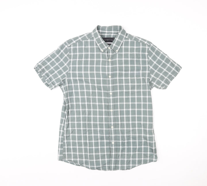 Red Herring Mens Green Check Cotton Button-Up Size M Round Neck Button