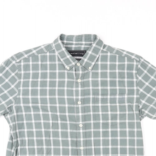 Red Herring Mens Green Check Cotton Button-Up Size M Round Neck Button