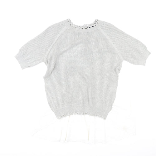 French Connection Womens Grey Round Neck Cotton Pullover Jumper Size S - Lace Trim, Button Closure on Back