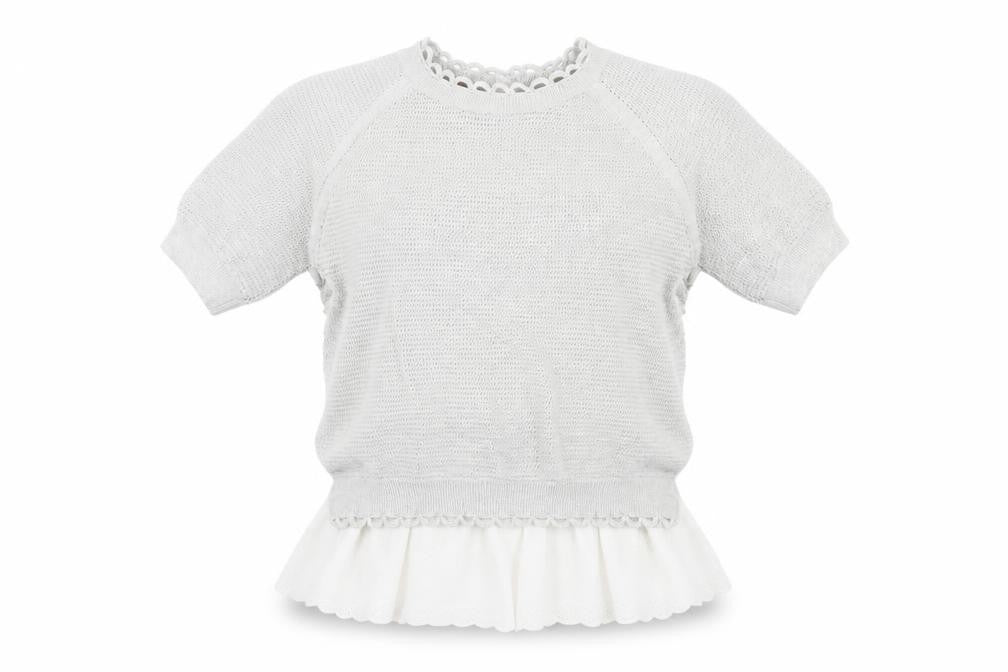 Front view of French Connection women’s grey round neck cotton jumper, size S, - lace trim, button closure on back