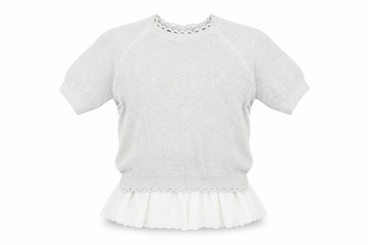 Front view of French Connection women’s grey round neck cotton jumper, size S, - lace trim, button closure on back
