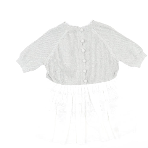 French Connection Womens Grey Round Neck Cotton Pullover Jumper Size S - Lace Trim, Button Closure on Back