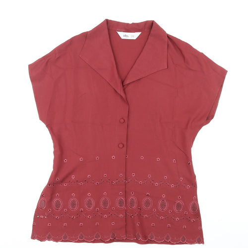 BHS Womens Red Viscose Basic Button-Up Size 14 V-Neck - Embroidered Design by Hem