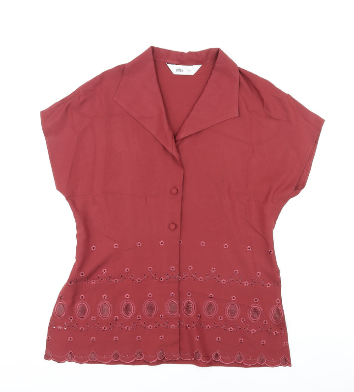 BHS Womens Red Viscose Basic Button-Up Size 14 V-Neck - Embroidered Design by Hem