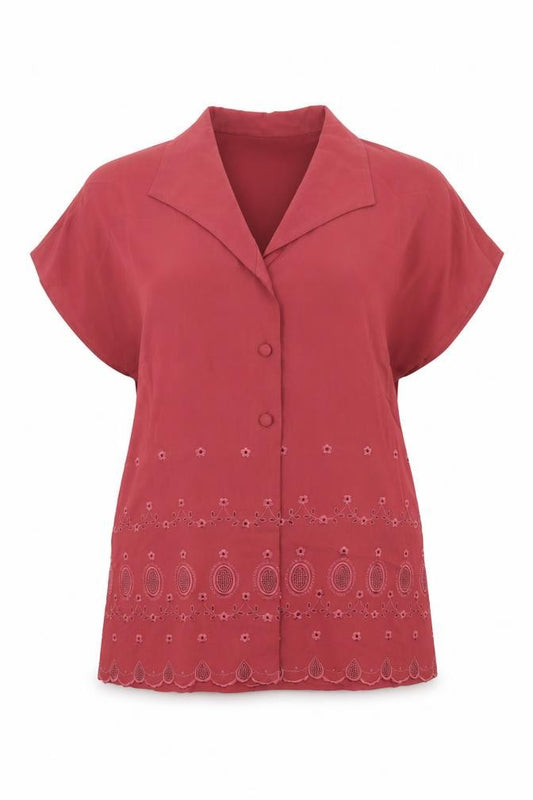Front view of BHS women’s red viscose basic button-up, size UK 14, v-neck - embroidered design by hem