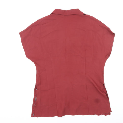 BHS Womens Red Viscose Basic Button-Up Size 14 V-Neck - Embroidered Design by Hem