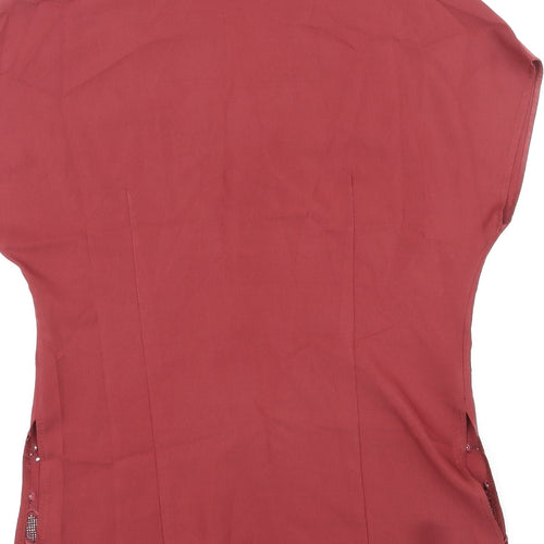 BHS Womens Red Viscose Basic Button-Up Size 14 V-Neck - Embroidered Design by Hem