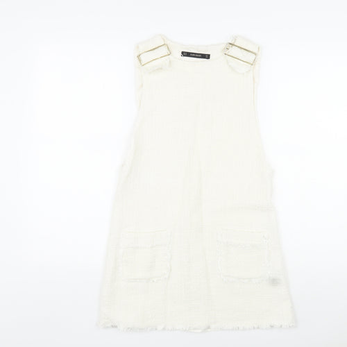 Zara Womens Ivory Cotton A-Line Size XS Square Neck Buckle - Distressed Look on Hem and Buckle