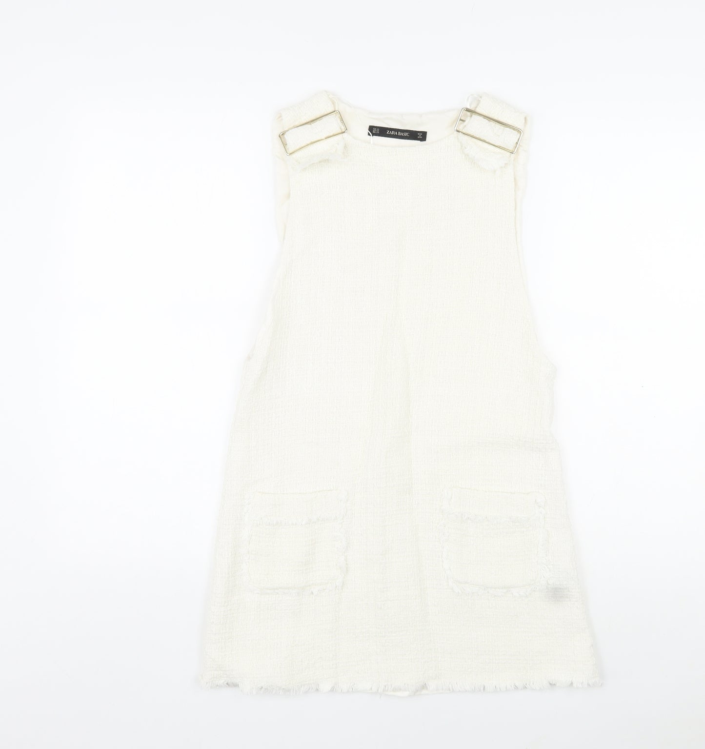 Zara Womens Ivory Cotton A-Line Size XS Square Neck Buckle - Distressed Look on Hem and Buckle
