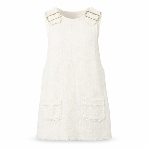 Zara Womens Ivory Cotton A-Line Size XS Square Neck Buckle - Distressed Look on Hem and Buckle