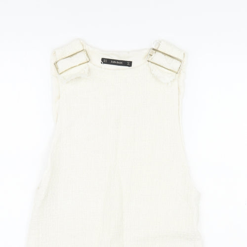 Zara Womens Ivory Cotton A-Line Size XS Square Neck Buckle - Distressed Look on Hem and Buckle
