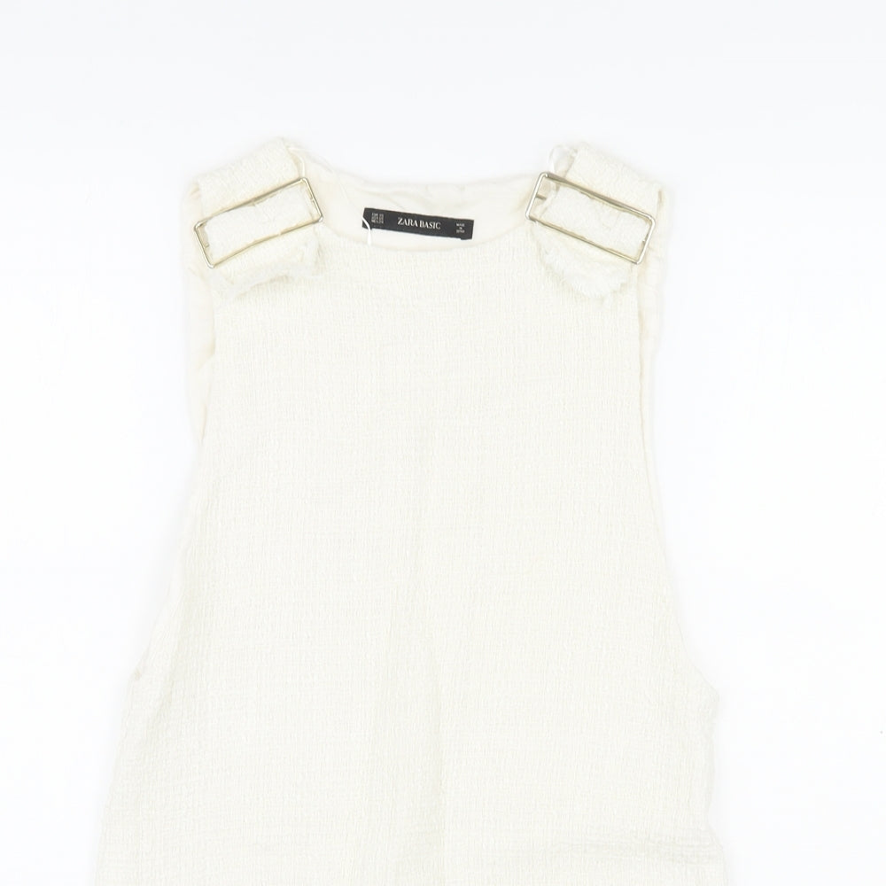 Zara Womens Ivory Cotton A-Line Size XS Square Neck Buckle - Distressed Look on Hem and Buckle