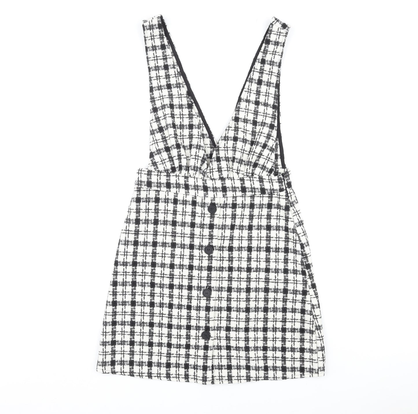 New Look Womens Black Check Polyester Pinafore/Dungaree Dress Size 8 V-Neck Zip